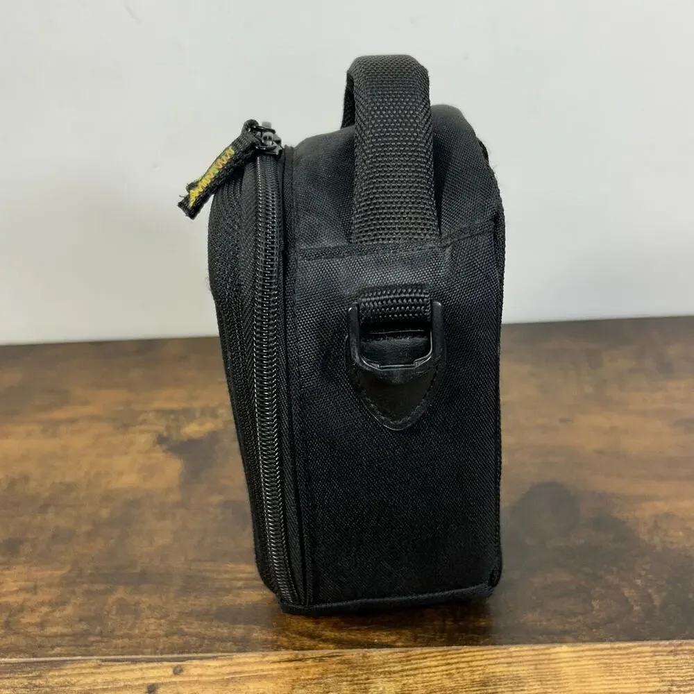 Case Logic Small Camera Bag 6” x 5” x 3” Black Yellow Belt carry Tilt Open